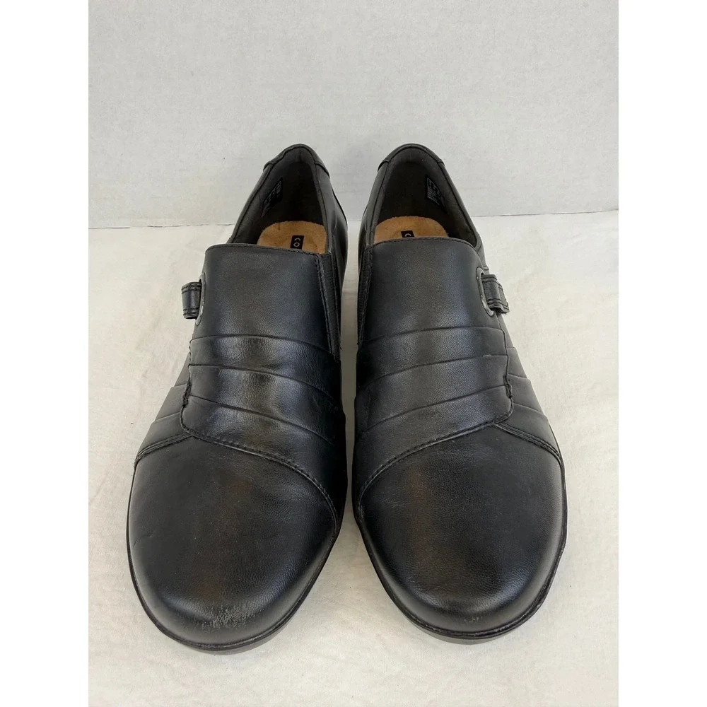 Clarks Collection Black Leather Pleated Hook Loop Strap Loafers Womens 8.5‎ M